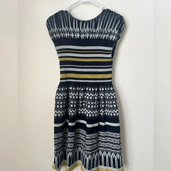 Max Edition Max Studio Navy Blue Yellow Geo Stripe Fit Flare Stretch Dress - Picture 4 of 6